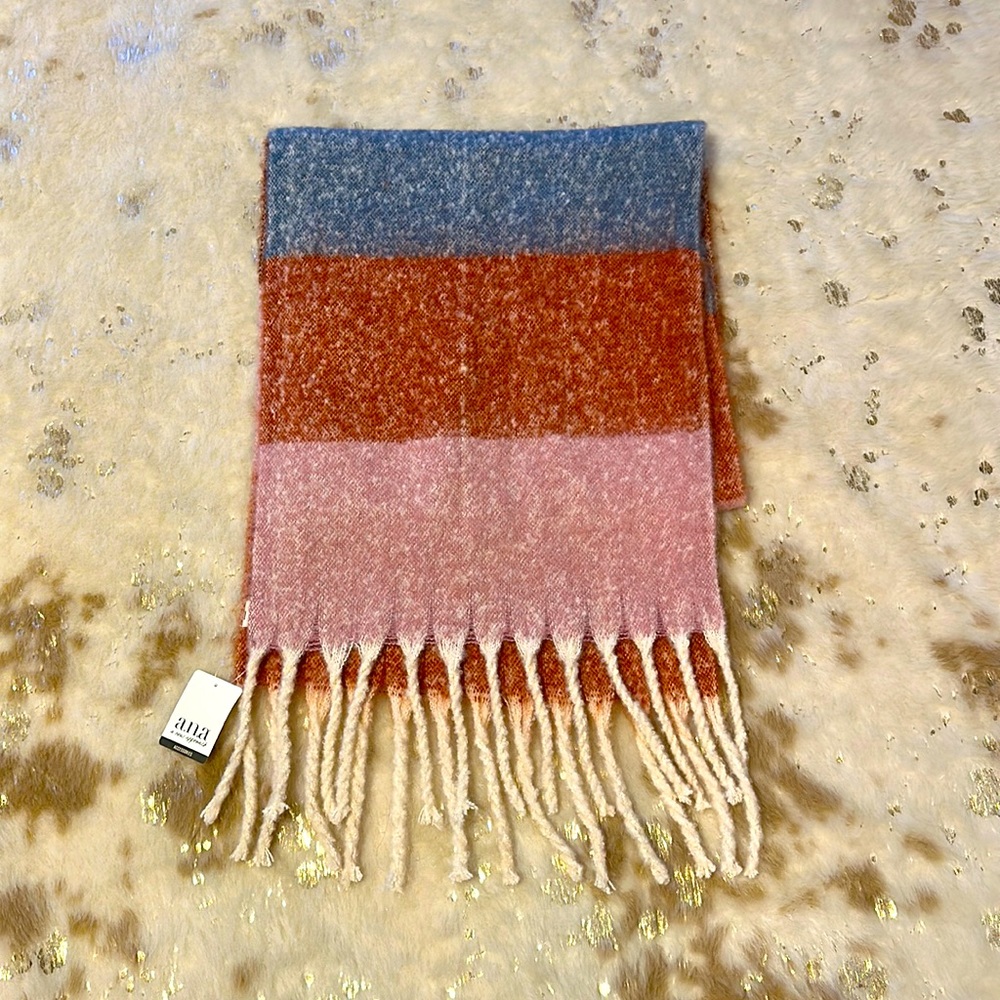 Large wrap scarf new without tags pink blue fringe